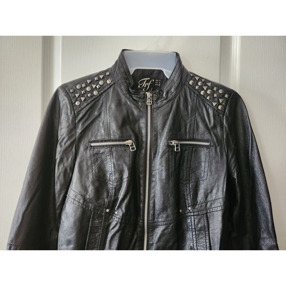 Zara Trf Women's Leather studded motorcycle jacket Black Full-Zip Size S - Picture 2 of 11